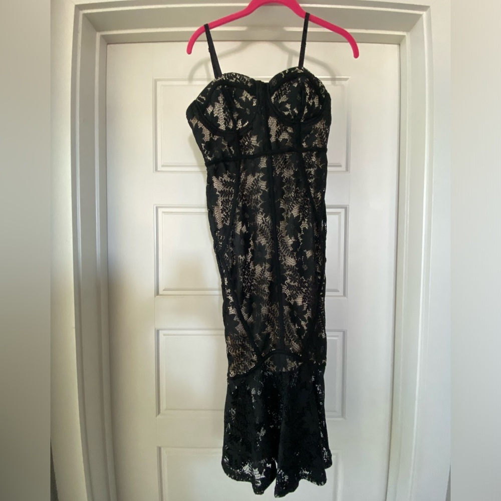 AKIRA Black and Gold Lace Midi Dress